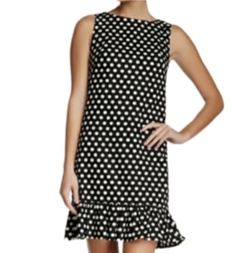 Betsey Johnson Womens Dress Ruffle Polka Dot Shift Sleeveless Blue White‎ Size 6